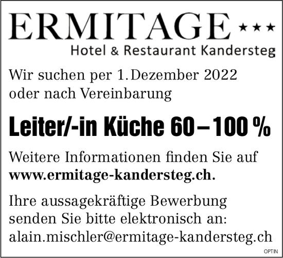 Leiter/-in Küche 60 – 100 %, Hotel & Restaurant Ermitage, Kandersteg, gesucht