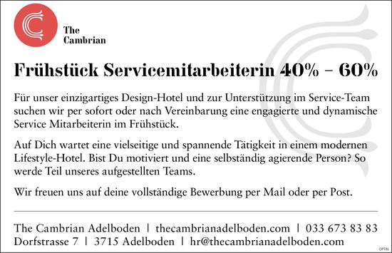 Frühstück Servicemitarbeiterin 40% – 60%, The Cambrian, Lifestyle-Hotel, Adelboden,  gesucht