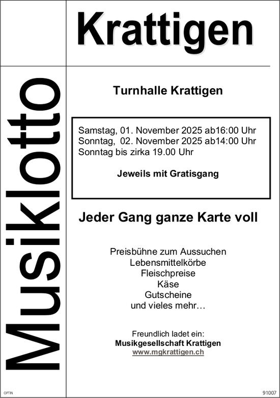 Lotto Musikgesellschaft, 1. und 2. November, Turnhalle, Krattigen