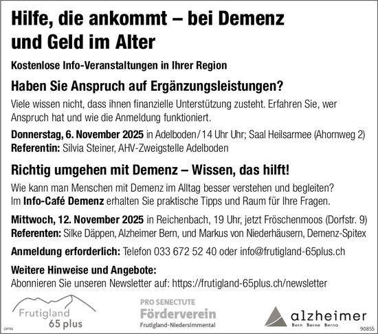 Hilfe, die ankommt–bei Demenz und Geld im Alter, 6. November, Saal Heilsarmee, Adelboden