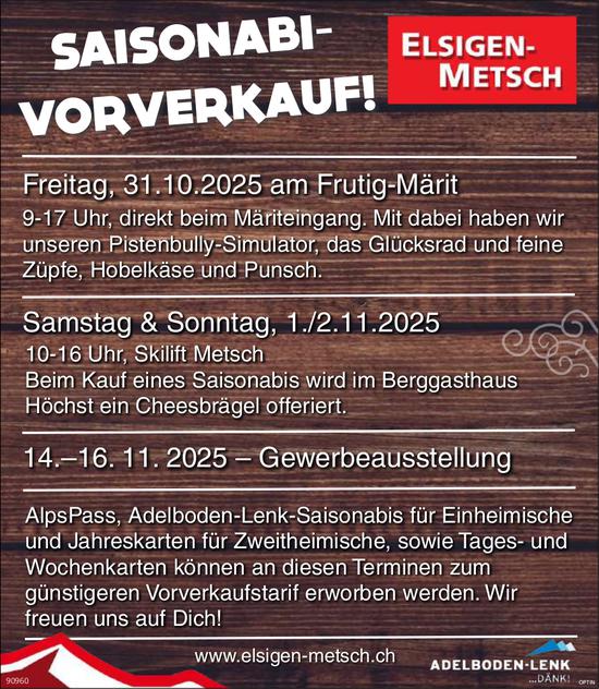 Saisonabi- Vorverkauf!, 31. Oktober - 16. November