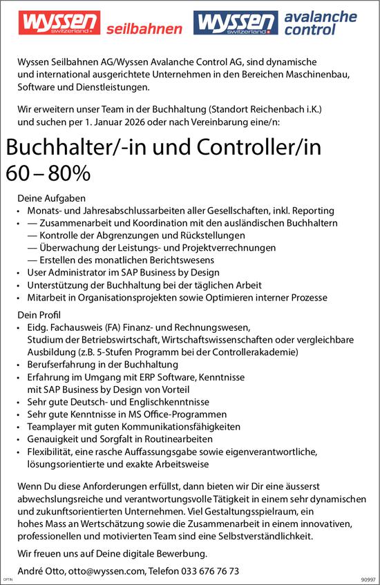 Buchhalter/-in und Controller/in 60-80%, Wyssen Seilbahnen AG, gesucht