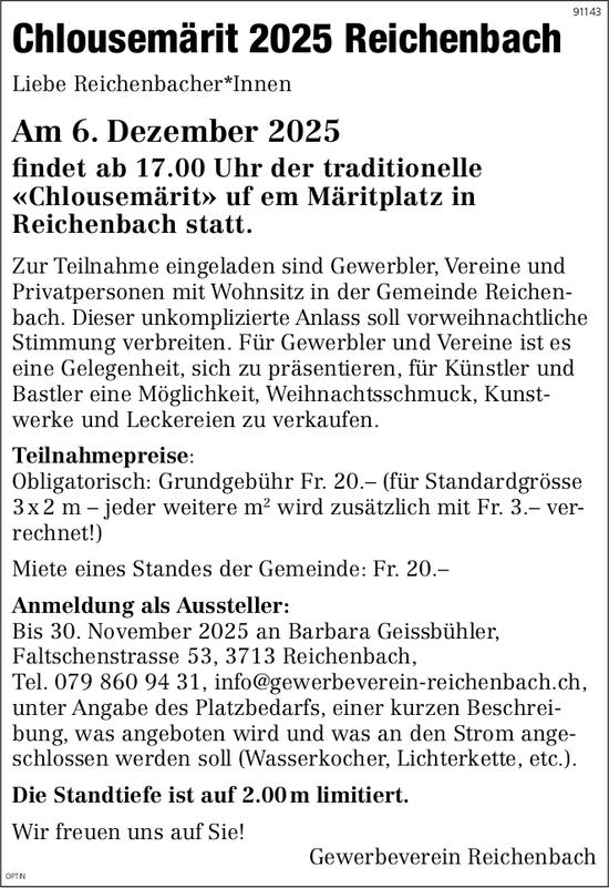 Chlousemärit, 6. Dezember, Märitplatz, Reichenbach