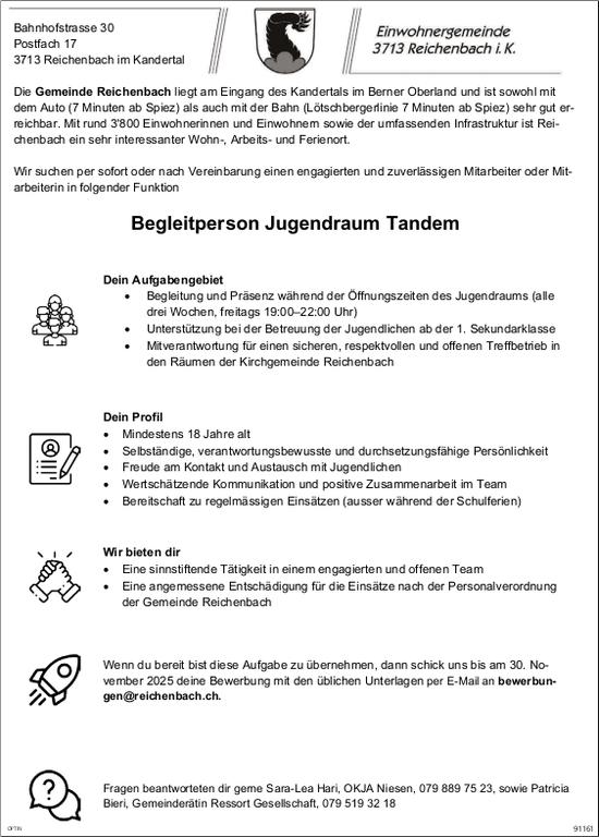 Begleitperson Jugendraum Tandem, Gemeinde, Reichenbach im Kandertal, gesucht