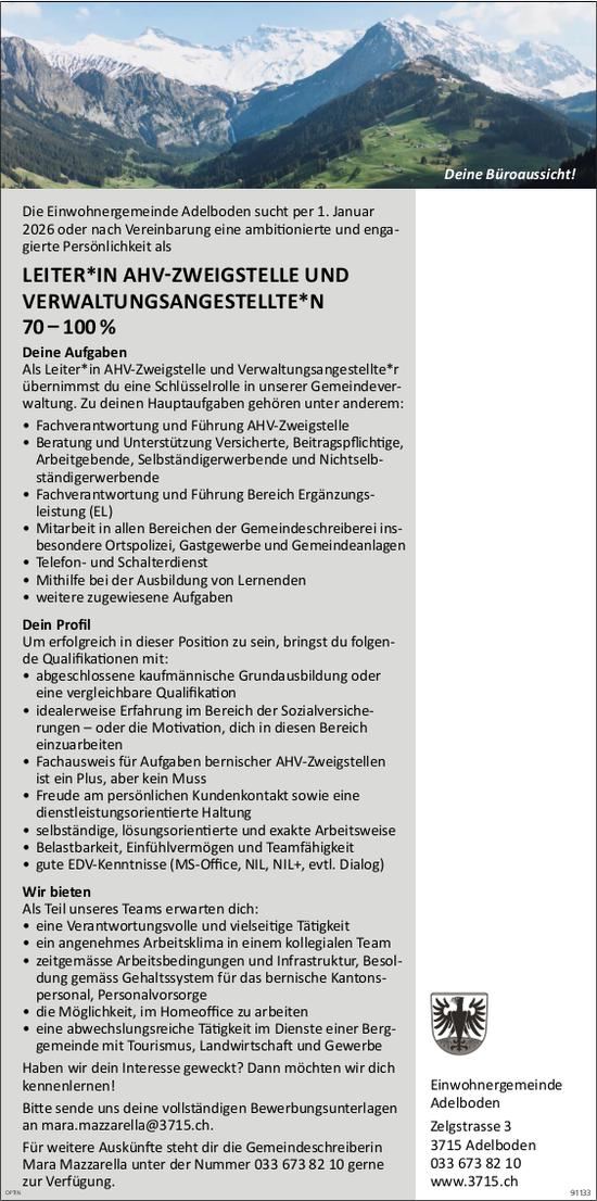 Leiter*in AHV-Zweigstelle und Verwaltungsangestellte*n 70-100%, Gemeinde, Adelboden, gesucht