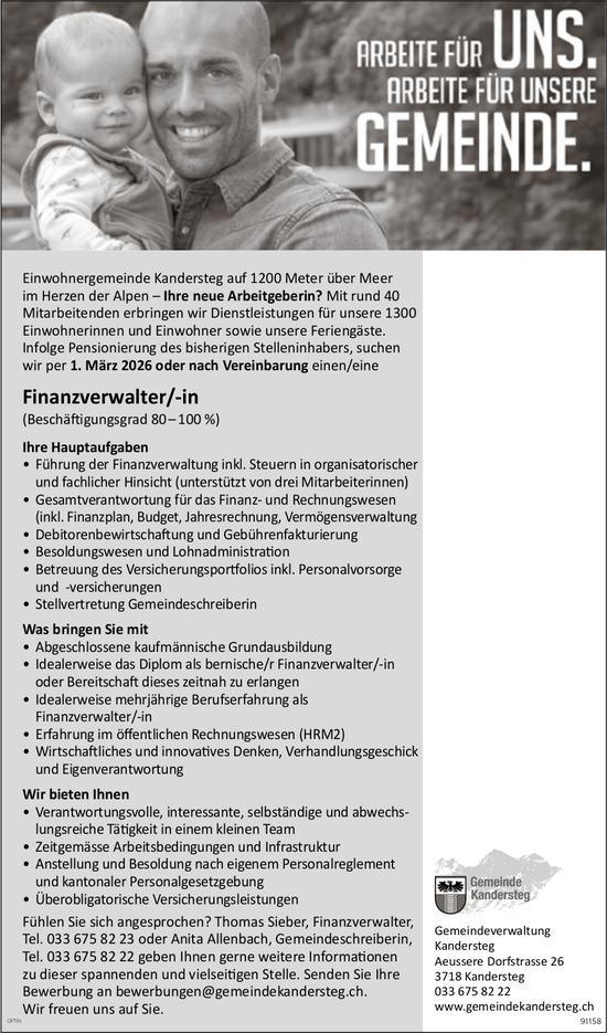 Finanzverwalter/-in 80-100%, Gemeinde, Kandersteg, gesucht