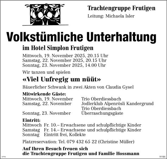 Volkstümliche Unterhaltung, 19. bis 23. November, Hotel Simplon, Frutigen