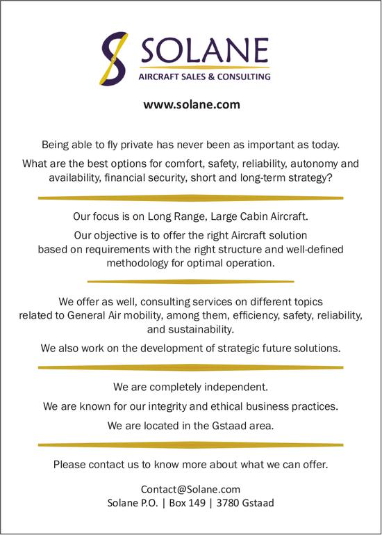 Solane Aircraft sales & consulting, Gstaad - Being able to fly private has never been as important as today