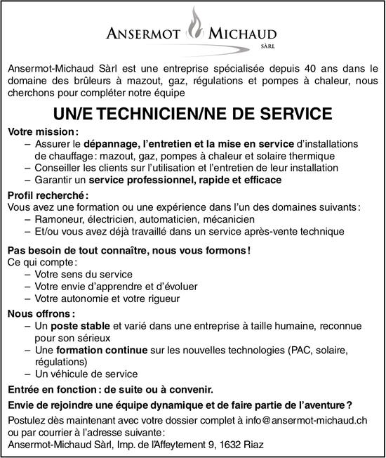UN/E TECHNICIEN/NE DE SERVICE, Ansermot-Michaud Sàrl, Riaz, recherché/e