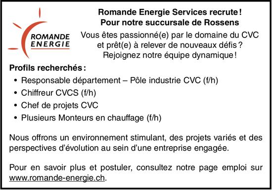 Responsable département–Pôle industrie, CVC (f/h), Chiffreur CICS (f/h), Chef de projets. CVC,Plusieurs Monteurs en chauffage (f/h), Romande Energie Services, recherché-es