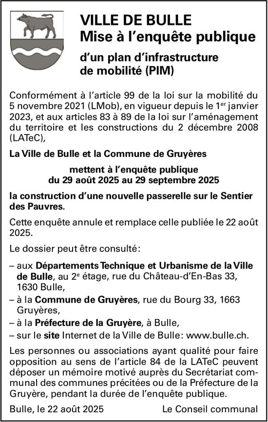 VILLE DE BULLE - Mise à l’enquête publique d'un plan d'infrastructure de mobilité (PIM)
