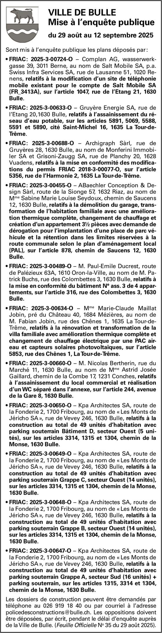 VILLE DE BULLE - Mise à l’enquête publique du 29 août au 12 septembre 2025