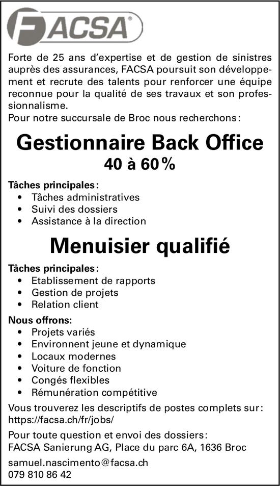 Gestionnaire Back Office, Menuisier qualifié, FACSA Sanierung AG, Broc, Recherché