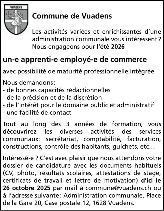 Un-e apprenti-e employé-e de commerce, Commune de Vuadens, recherché-e