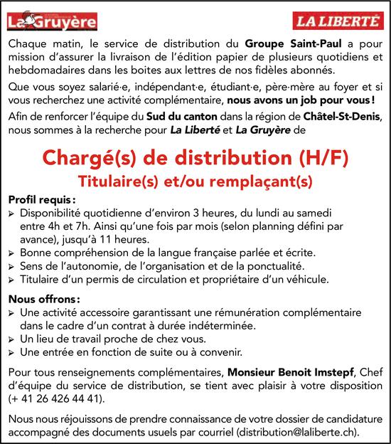 Chargé(s) de distribution (H/F), Groupe Saint-Paul, Châtel-St-Denis, recherché