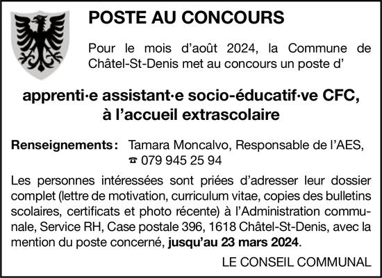 Apprenti·e assistant·e socio-éducatif·ve Cfc,à l’accueil extrascolaire, Commune de Châtel-St-Denis, recherché