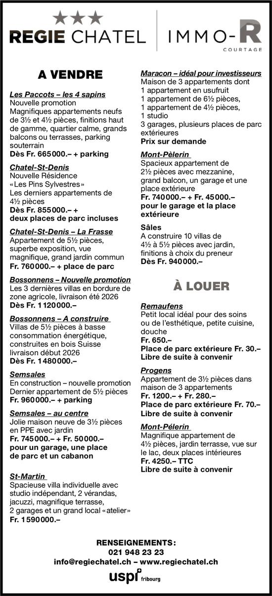 RÉGIE CHATEL - À VENDRE À LOUER