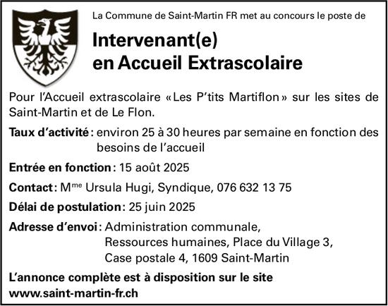 Intervenant(e) en Accueil Extrascolaire, La Commune de Saint-Martin, recherché