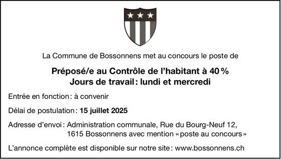 Préposé/e au Contrôle de l’habitant à 40 % Jours de travail : lundi et mercredi, Bossonnens, recherché