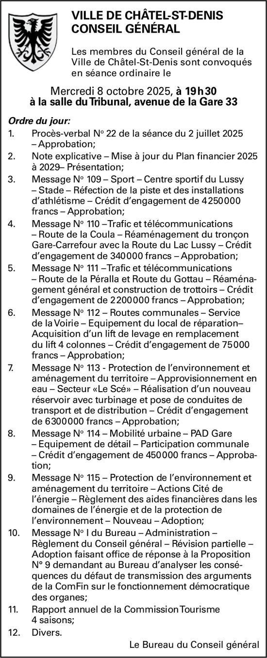 Ville de Châtel-St-Denis Conseil Général, convoqués en séance ordinaire