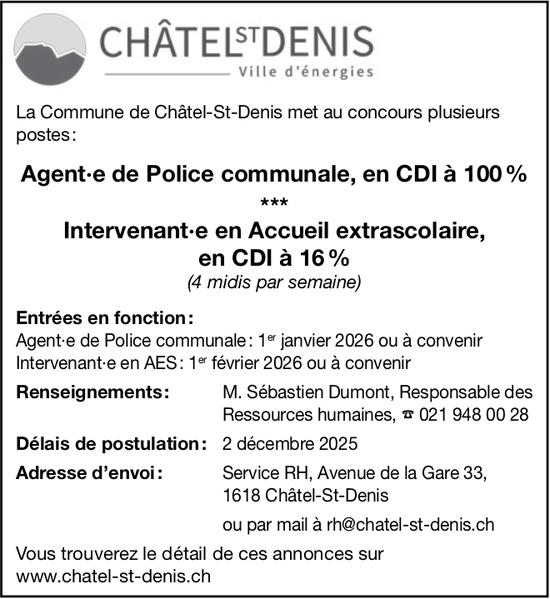 Agent·e de Police communale, en CDI à100 %, Chatel St Denis, Châtel-St-Denis,  recherché