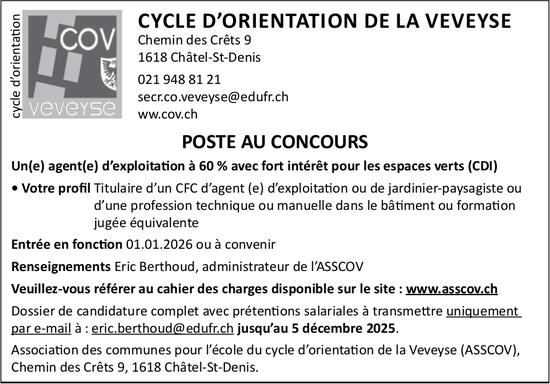 Un(e) agent(e) d’exploitation à 60% avec fort intérêt pour les espaces verts (cdi), Asscov, Châtel, recherché