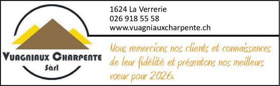 Vuagniaux Charpente, La Verrerie - Nous remercions nos clients et connaissances de leur fidélité et présentons nos meilleurs vœux pour 2026.