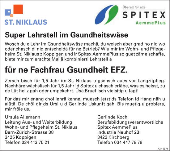 Super Lehrstell für ne Fachfrau Gsundheit EFZ, Spitex AemmePlus/ Wohn- und Pflegeheim St. Niklaus, Koppigen, gesucht
