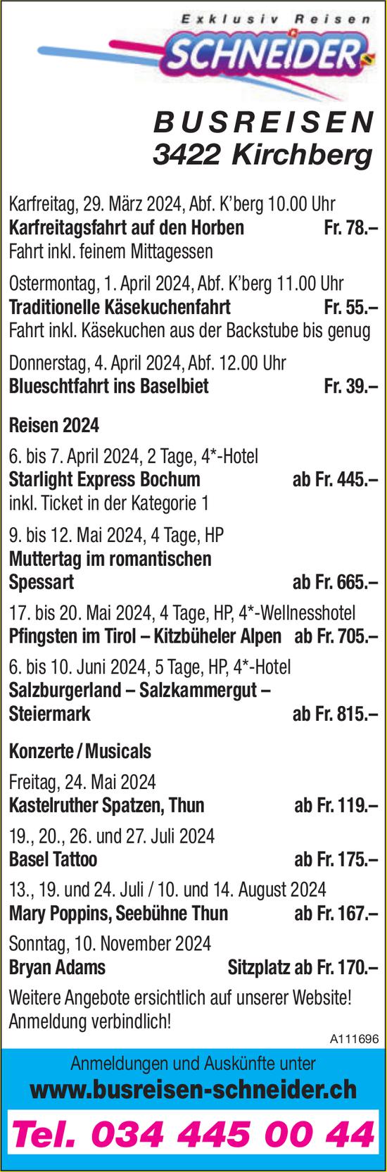 Programm & Events, Busreisen Schneider, Kirchberg