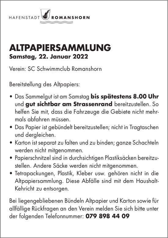 Hafenstadt Romanshorn, Altpapiersammlung Samstag, 22. Januar 2022
