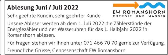 EW Romanshorn Energie und Wasser, Ablesung Juni / Juli 2022