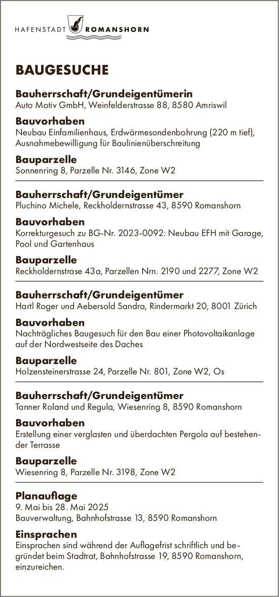 BAUGESUCHE vom 9. bis 28. Mai 2025, Hafenstadt Romanshorn
