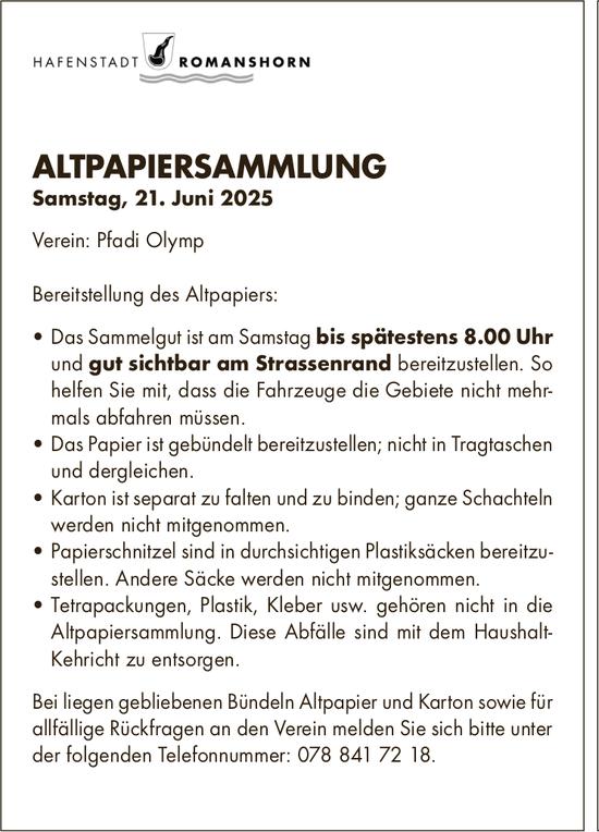 Hafenstadt Romanshorn, ALTPAPIERSAMMLUNG, 21. Juni