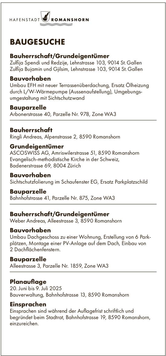 BAUGESUCHE vom 20. Juni bis 9. Juli 2025, Hafenstadt Romanshorn