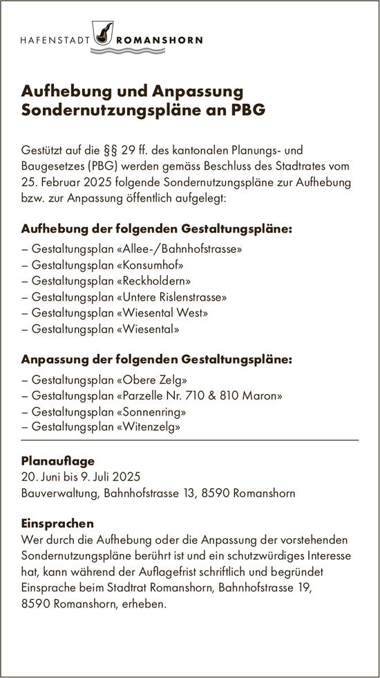 Hafenstadt Romanshorn, Aufhebung und Anpassung Sondernutzungspläne an PBG