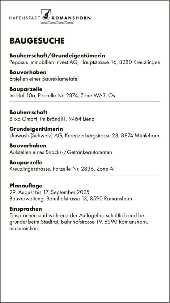 BAUGESUCHE vom 29. August bis 17. September 2025, Hafenstadt Romanshorn