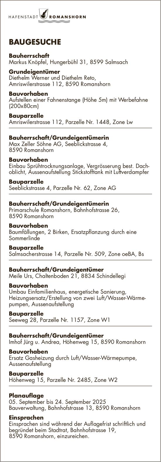 BAUGESUCHE vom 5. bis 24. September 2025, Hafenstadt Romanshorn