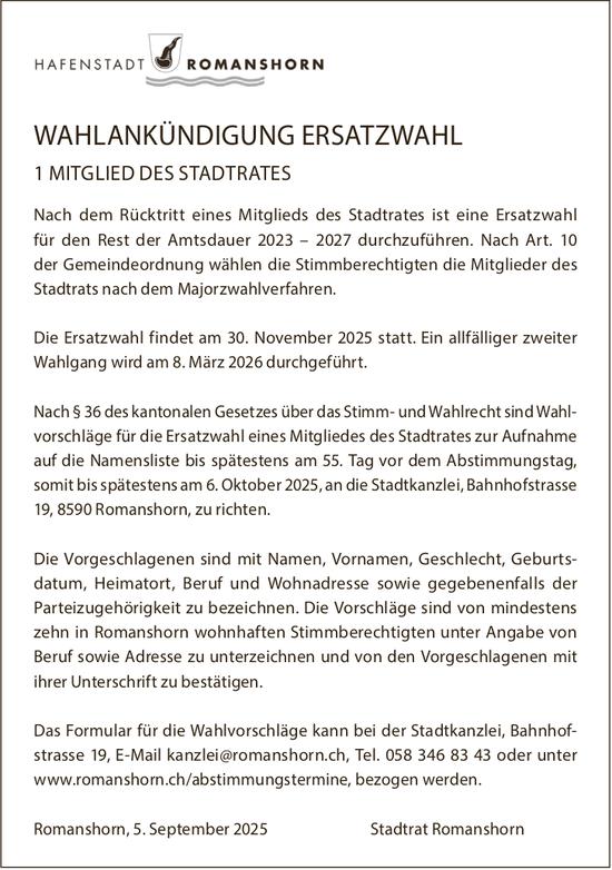 Wahlen & Abstimmungen, Hafenstadt Romanshorn, WAHLANKÜNDIGUNG ERSATZWAHL