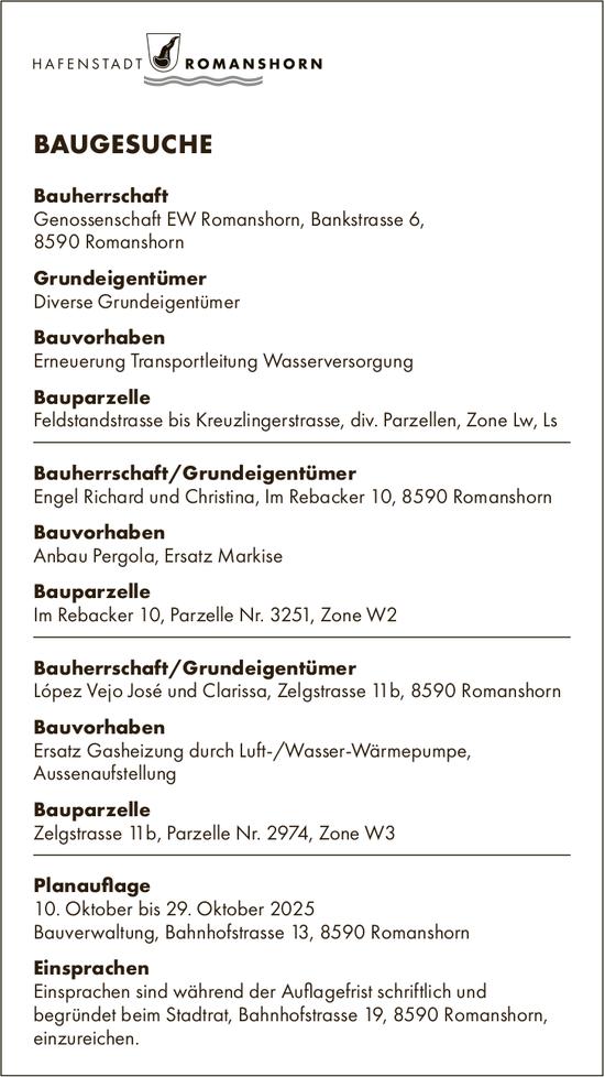 BAUGESUCHE, vom 10. bis 29. Oktober 2025, Hafenstadt Romanshorn