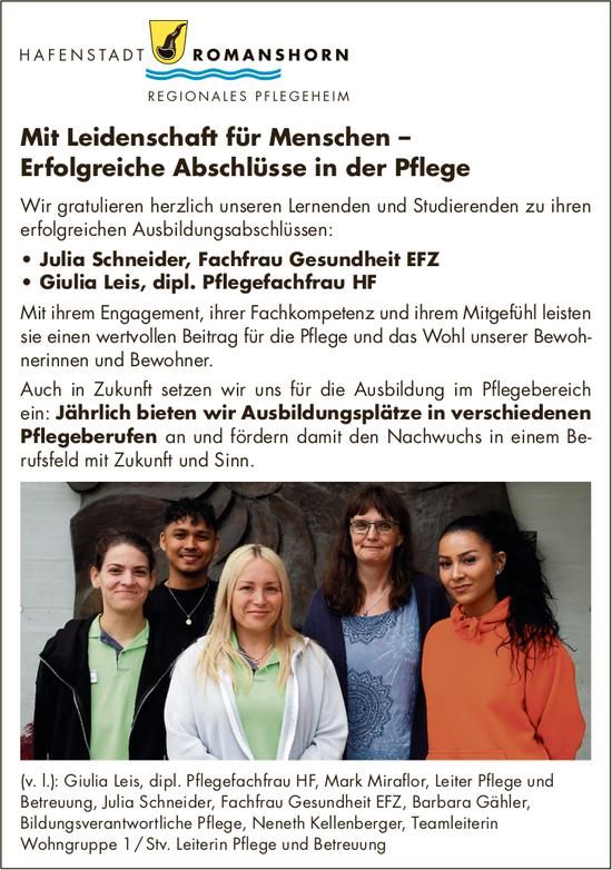 Sonstiges, Hafenstadt Romanshorn, Mit Leidenschaft für Menschen–Erfolgreiche Abschlüsse in der Pflege