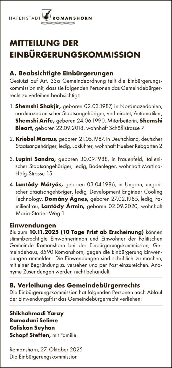Sonstiges, Hafenstadt Romanshorn, MITTEILUNG DER EINBÜRGERUNGSKOMMISSION