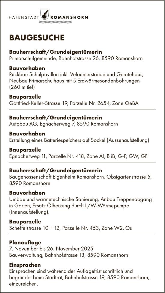 BAUGESUCHE vom 7. bis 26. November 2026, Hafenstadt Romanshorn