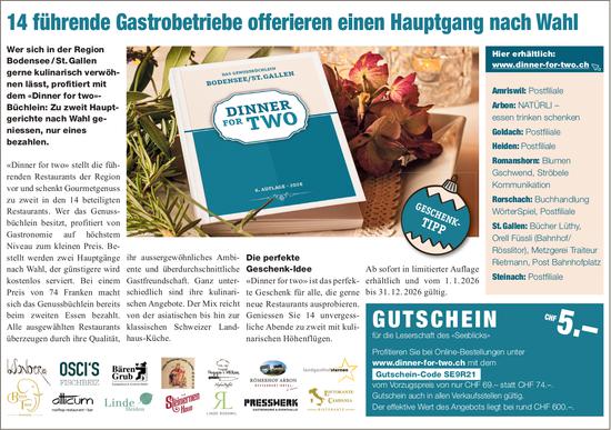 «Dinner for two», 14 führende Gastrobetriebe offerieren einen Hauptgang nach Wahl