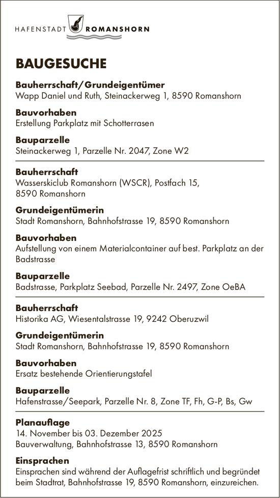 BAUGESUCHE vom 14. November bis 3. Dezember 2025, Hafenstadt Romanshorn