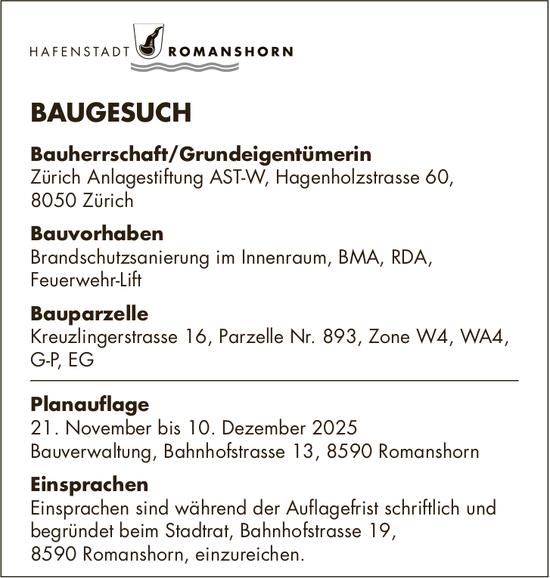 BAUGESUCHE vom 21. November bis 10. Dezember 2025. Hafenstadt Romanshorn