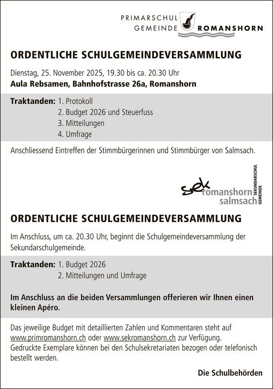 Ordentliche Schulgemeindeversammlung, 25. November, Romanshorn