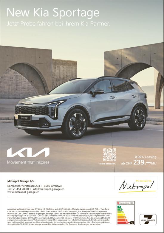 Metropol Garage AG, Amriswil - New Kia Sportage - Jetzt Probe fahren bei Ihrem Kia Partner.