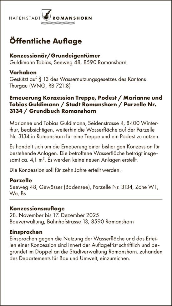 Öffentliche Auflage vom 28. November bis 17. Dezember 2025, Hafenstadt Romanshorn