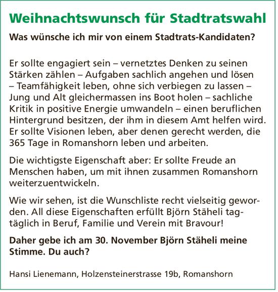 Hansi Lienemann, Daher gebe ich am 30. November Björn Stäheli meine Stimme. Du auch?