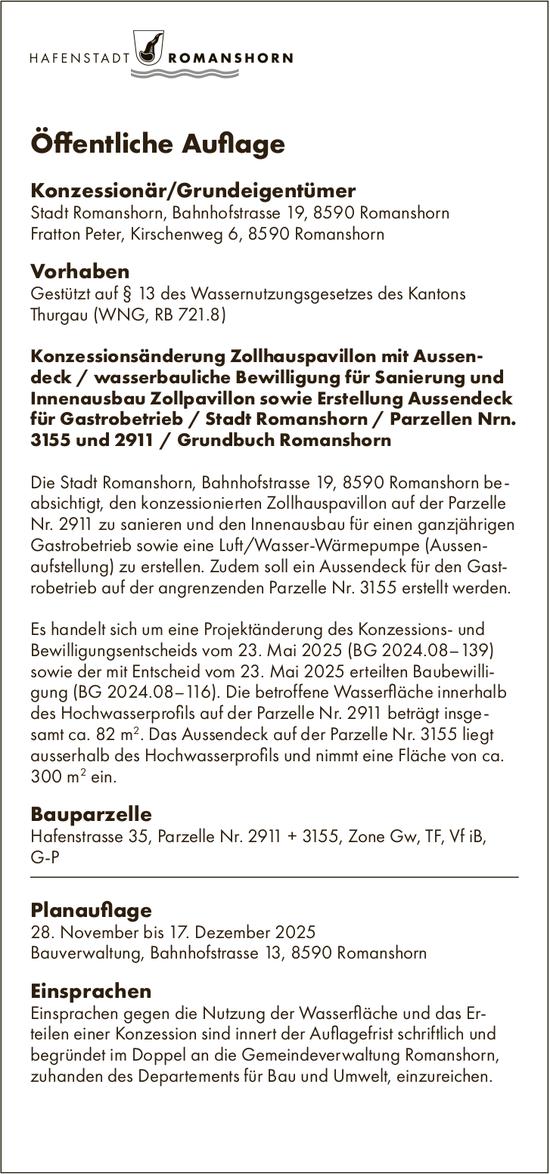 Öffentliche Auflage vom 28. November bis 17. Dezember 2025, Hafenstadt Romanshorn